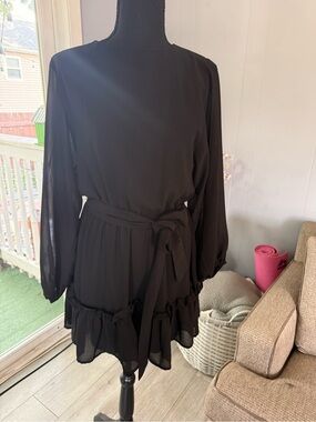 Flying Tomato Black Long-Sleeve Tie-Waist Ruffle Dress